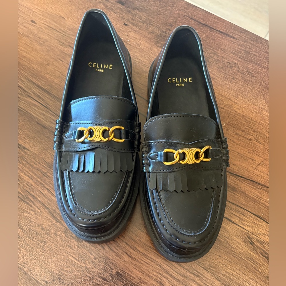 Celine Black Leather Loafers with Gold Chain Detail